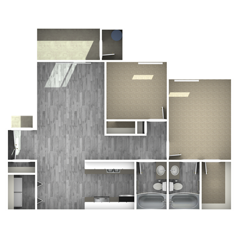 Floor plan for 2 beds, 2 baths, 866 sqft